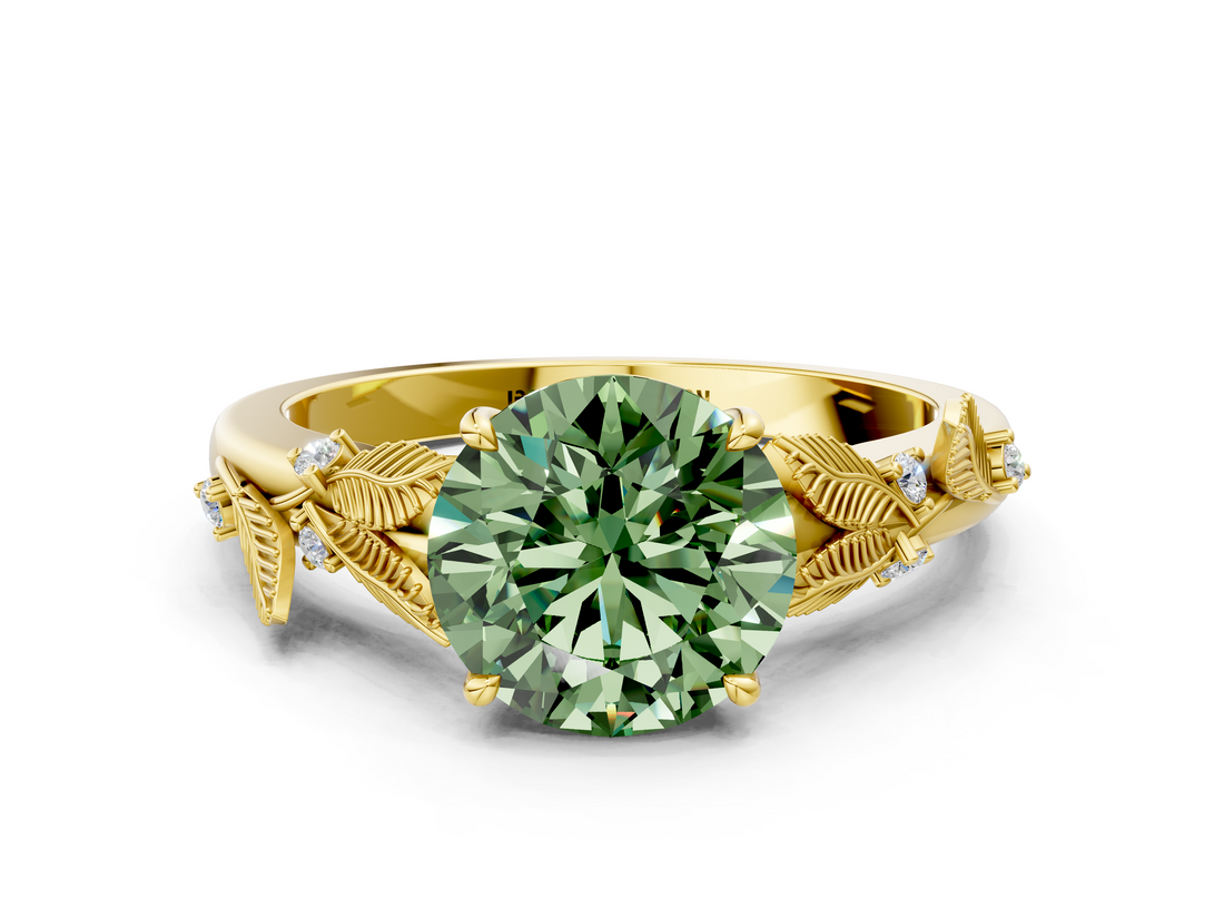 Yellow gold Fancy Green Round  Brilliant Solitaire with Leaf Motif Band and Four-Prong Setting_63
