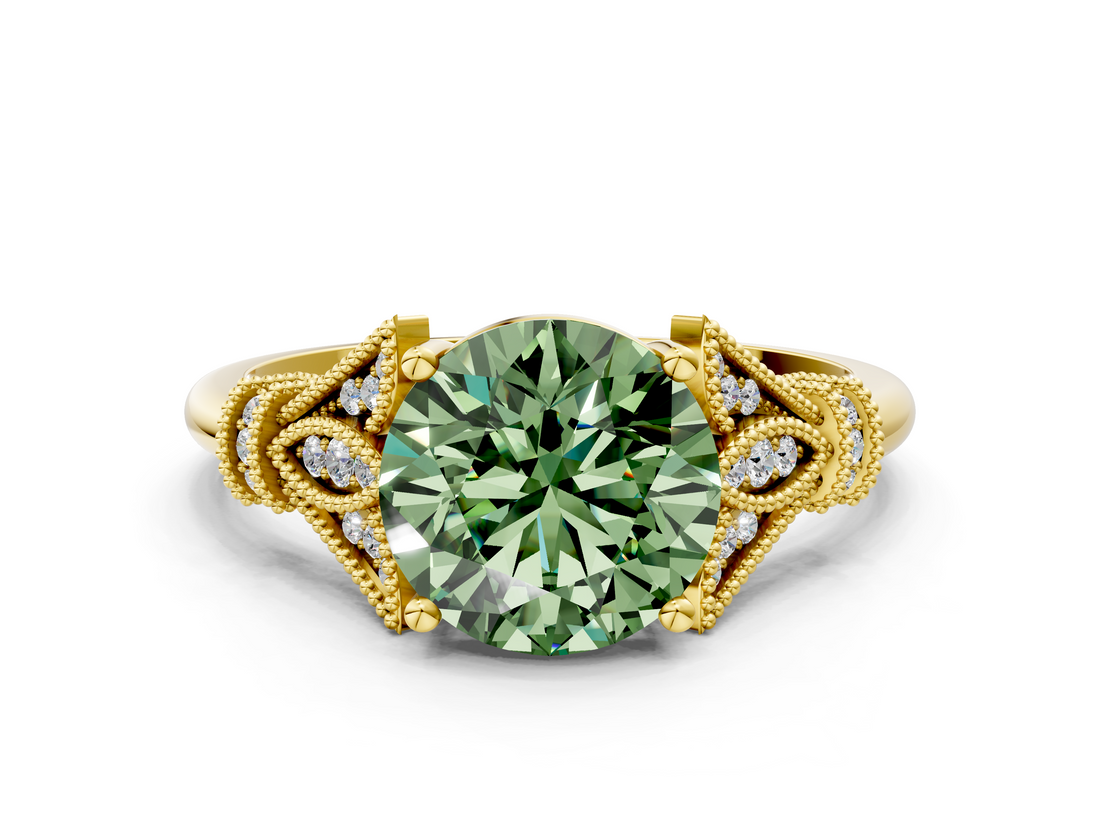 Yellow gold Fancy Green Round  Brilliant Solitaire with Pave Band and Four-Prong Setting_19