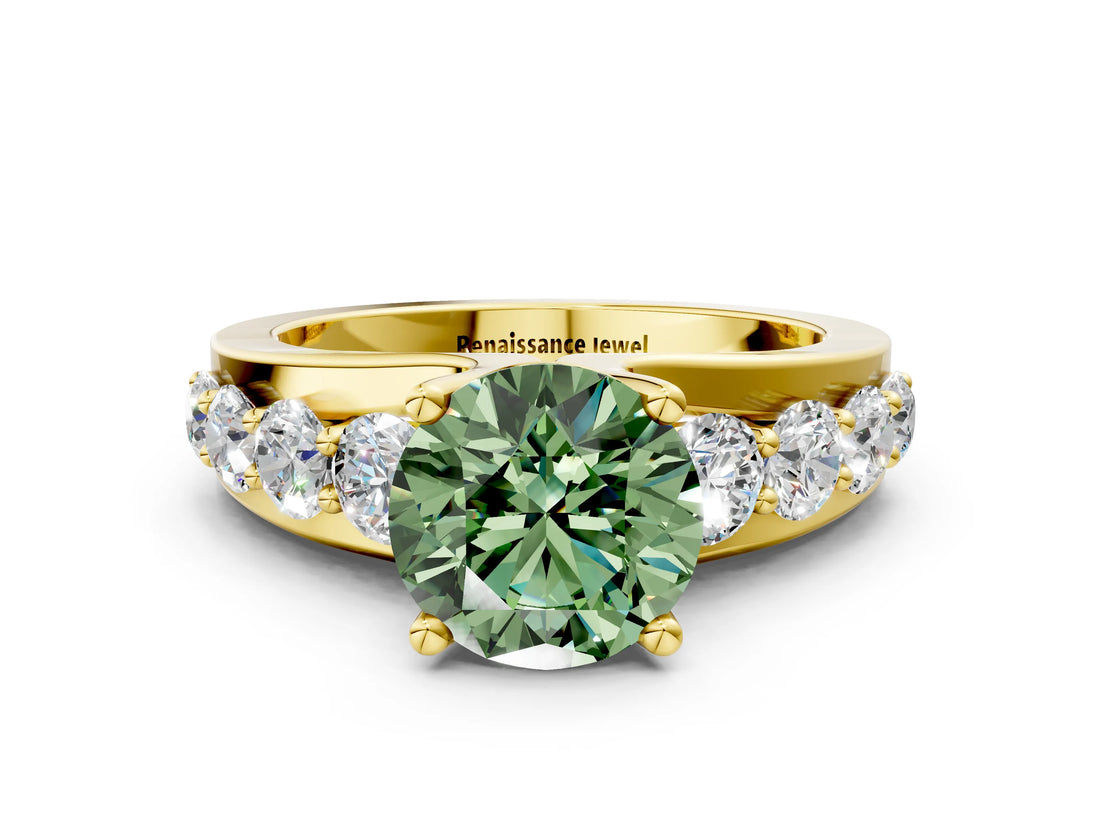 Yellow gold Fancy Green Round  Brilliant Solitaire with Side Stones on a Pave Band and Four-Prong Setting_12