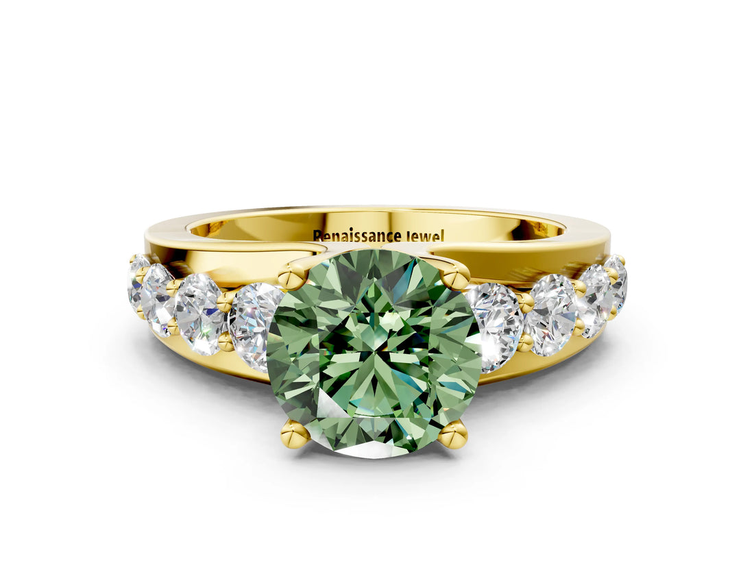 Yellow gold Fancy Green Round  Brilliant Solitaire with Side Stones on a Pave Band and Four-Prong Setting_24