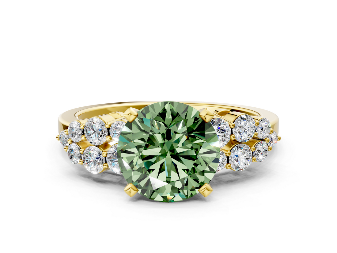 Yellow gold Fancy Green Round  Cluster Diamond Engagement Ring with Pavé Band and Four-Prong Setting_49