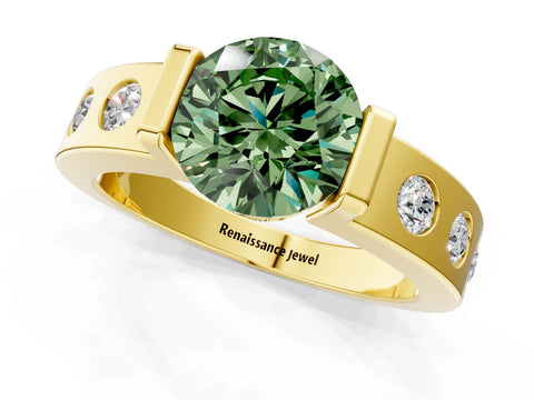 Yellow gold Fancy Green Round Cut Brilliant Channel-Set Diamond Ring with Bezel Prong Setting_1