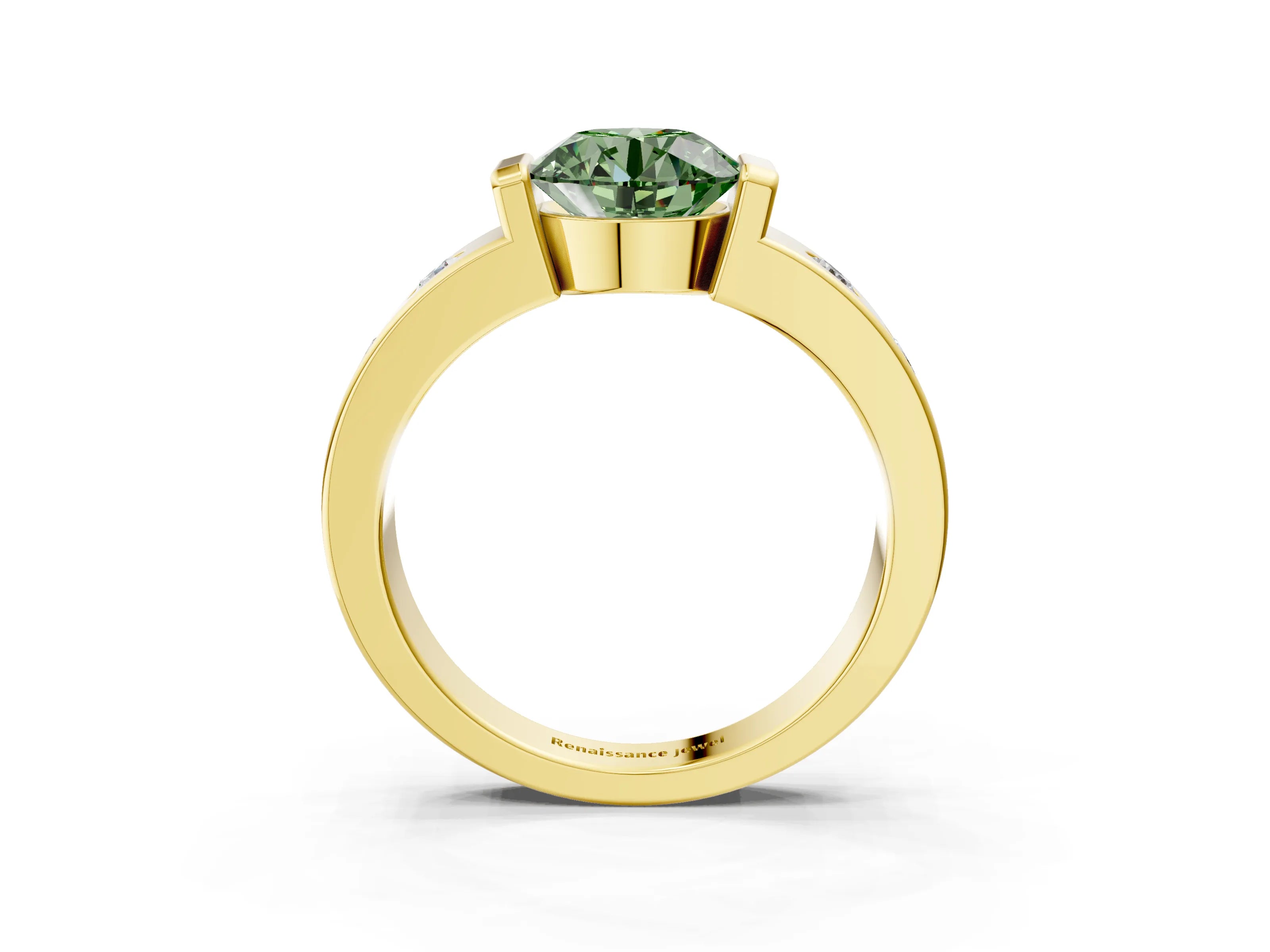 Yellow gold Fancy Green Round Cut Brilliant Channel-Set Diamond Ring with Bezel Prong Setting_3
