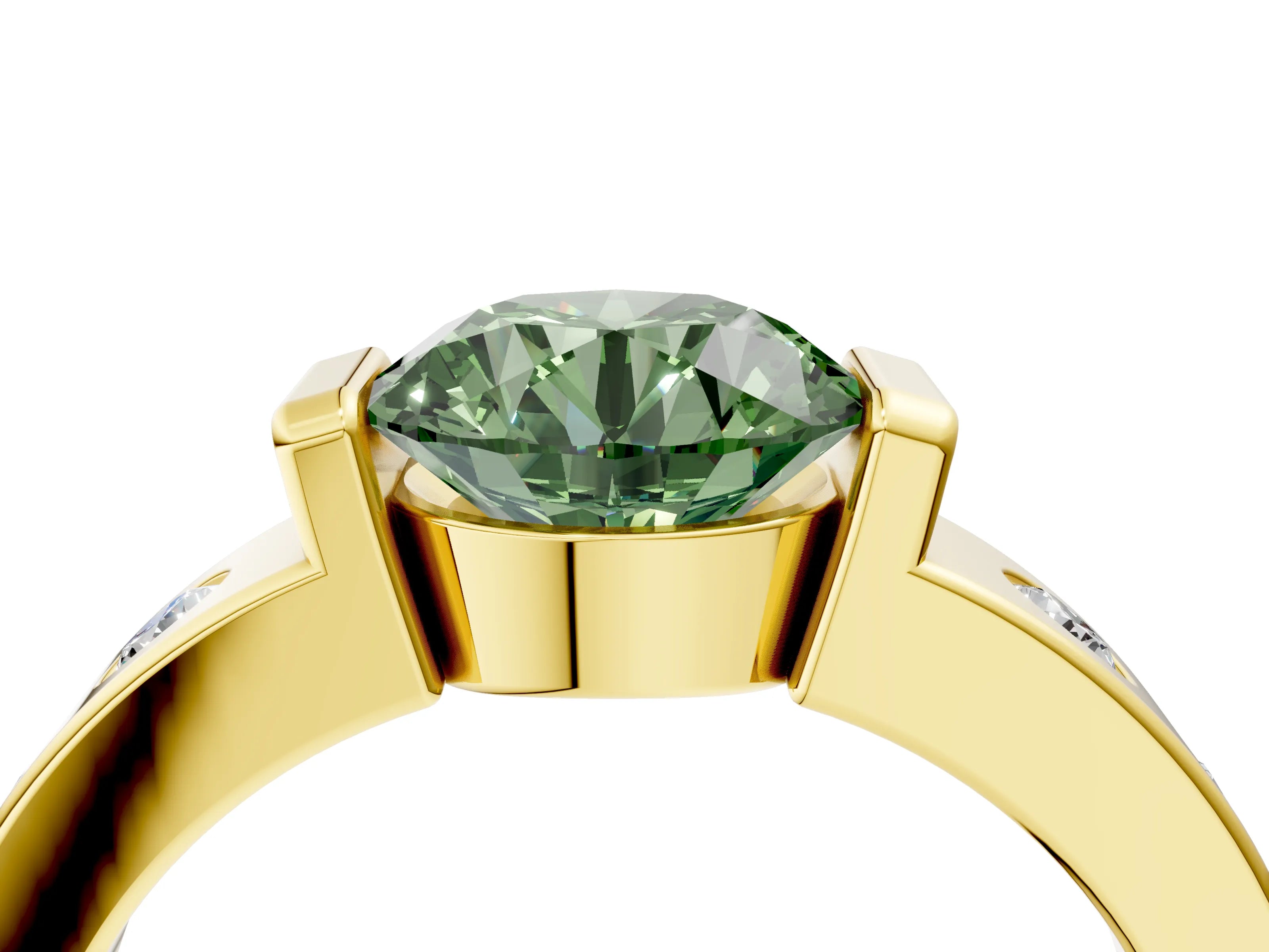 Yellow gold Fancy Green Round Cut Brilliant Channel-Set Diamond Ring with Bezel Prong Setting_4