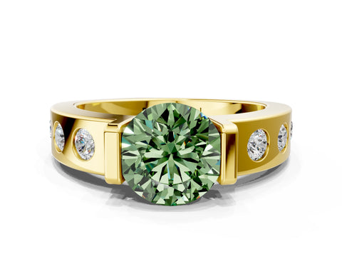 Yellow gold Fancy Green Round Cut Brilliant Channel-Set Diamond Ring with Bezel Prong Setting