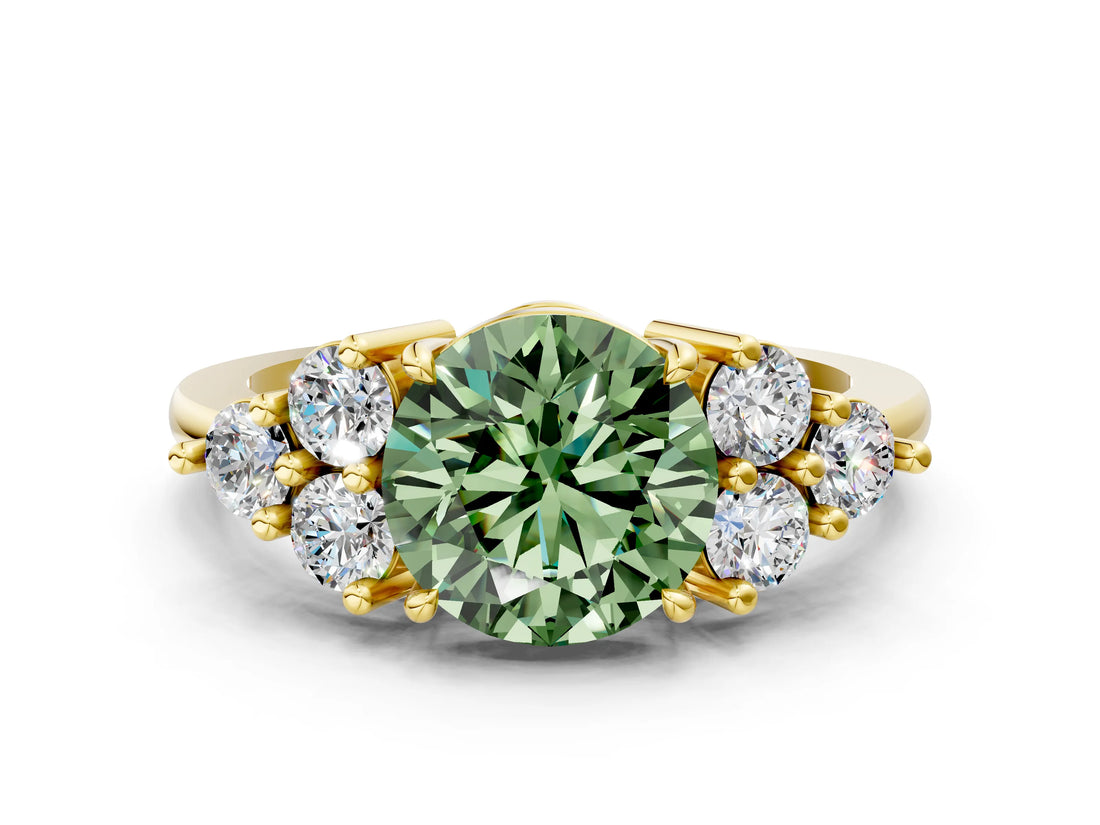 Yellow gold Fancy Green Round Cut Brilliant Diamond Cluster Accent Solitaire Ring with Prong Setting