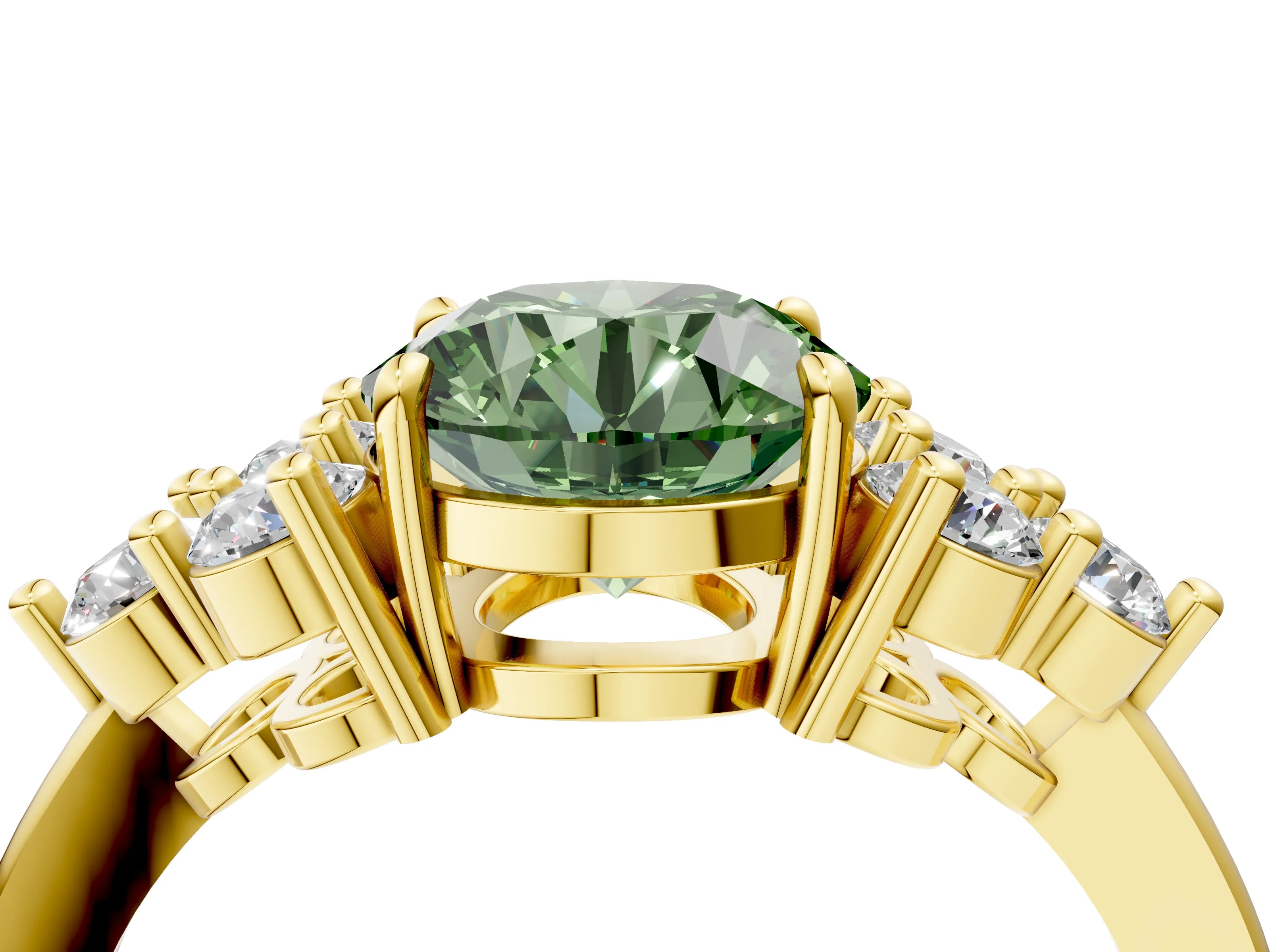 Yellow gold Fancy Green Round Cut Brilliant Diamond Cluster Accent Solitaire Ring with Prong Setting_4