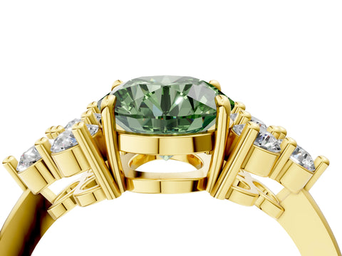 Yellow gold Fancy Green Round Cut Brilliant Diamond Cluster Accent Solitaire Ring with Prong Setting_4