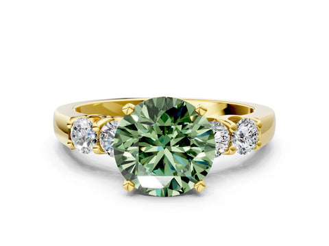 Yellow gold Fancy Green Round Cut Brilliant Diamond Five-Stone Engagement Ring with Prong Setting on a Classic Band_3