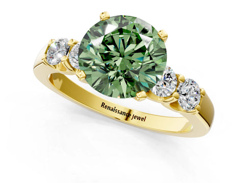 Yellow gold Fancy Green Round Cut Brilliant Diamond Five-Stone Engagement Ring with Prong Setting on a Classic Band_4