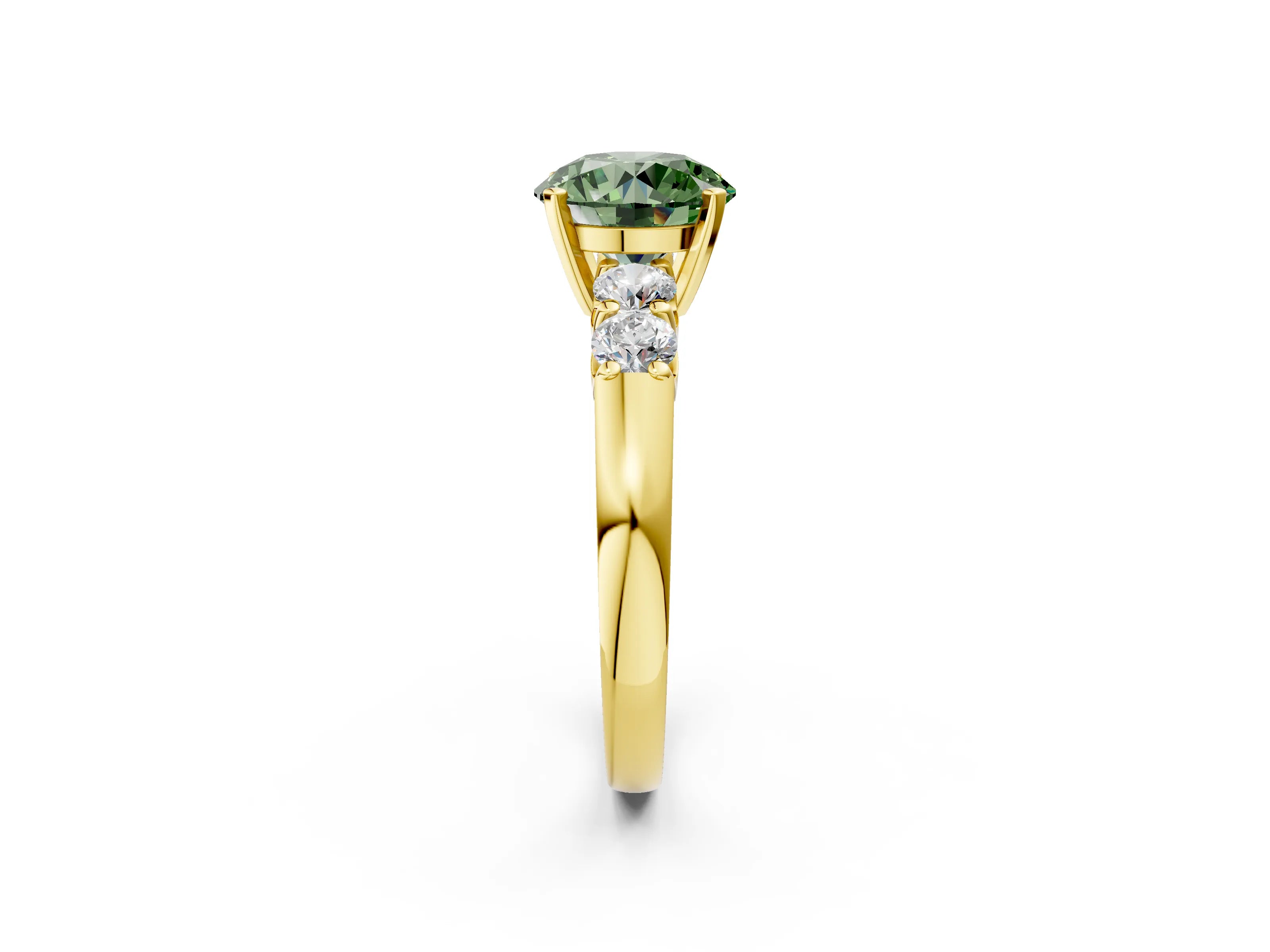 Yellow gold Fancy Green Round Cut Brilliant Diamond Five-Stone Engagement Ring with Prong Setting on a Classic Band_5