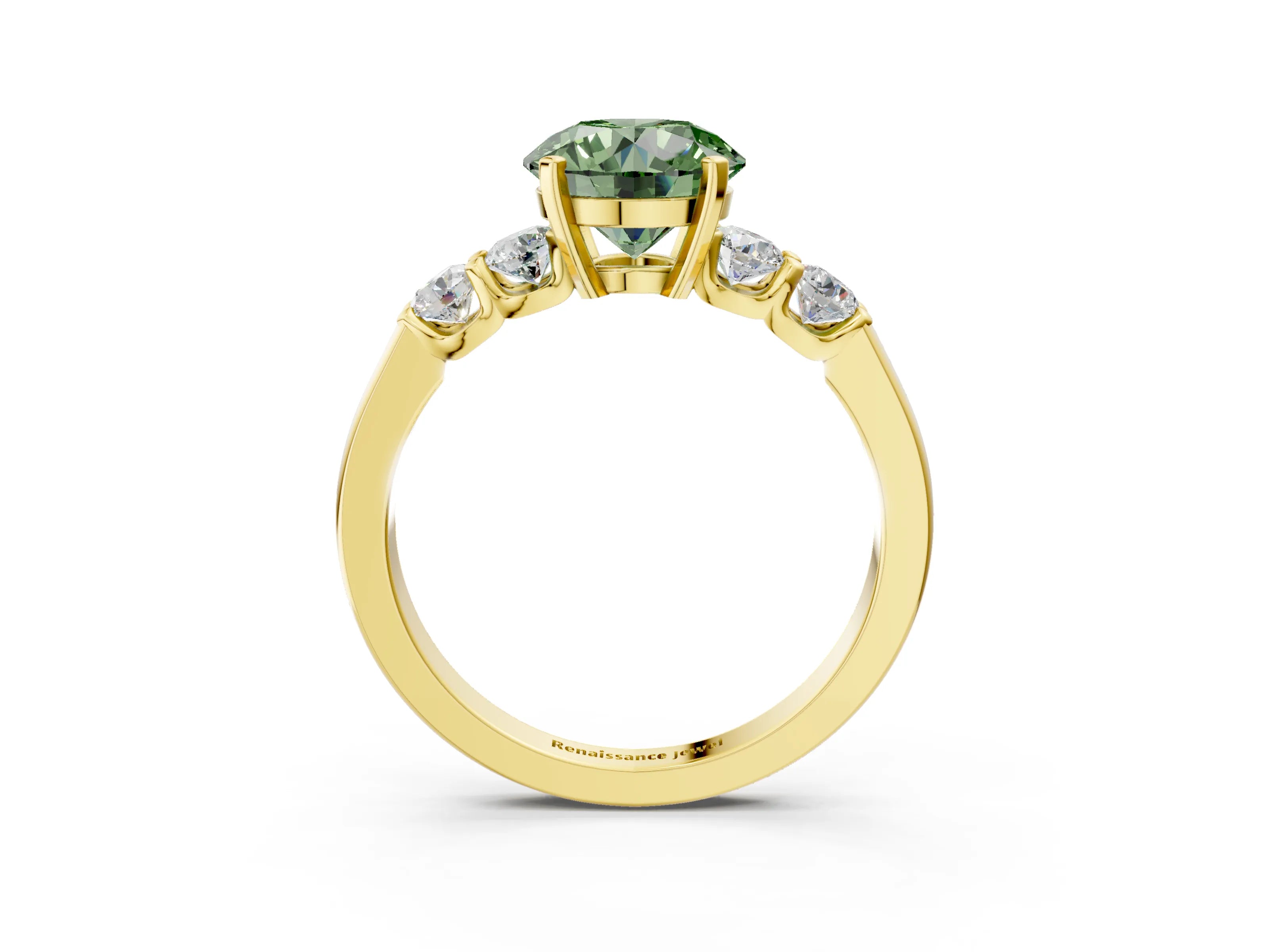 Yellow gold Fancy Green Round Cut Brilliant Diamond Five-Stone Engagement Ring with Prong Setting on a Classic Band_6