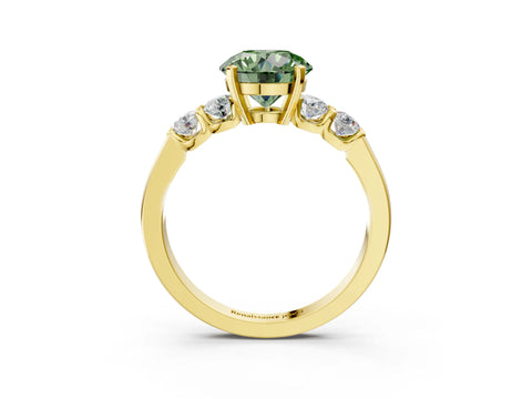 Yellow gold Fancy Green Round Cut Brilliant Diamond Five-Stone Engagement Ring with Prong Setting on a Classic Band_6