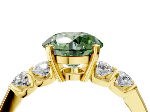 Yellow gold Fancy Green Round Cut Brilliant Diamond Five-Stone Engagement Ring with Prong Setting on a Classic Band_7