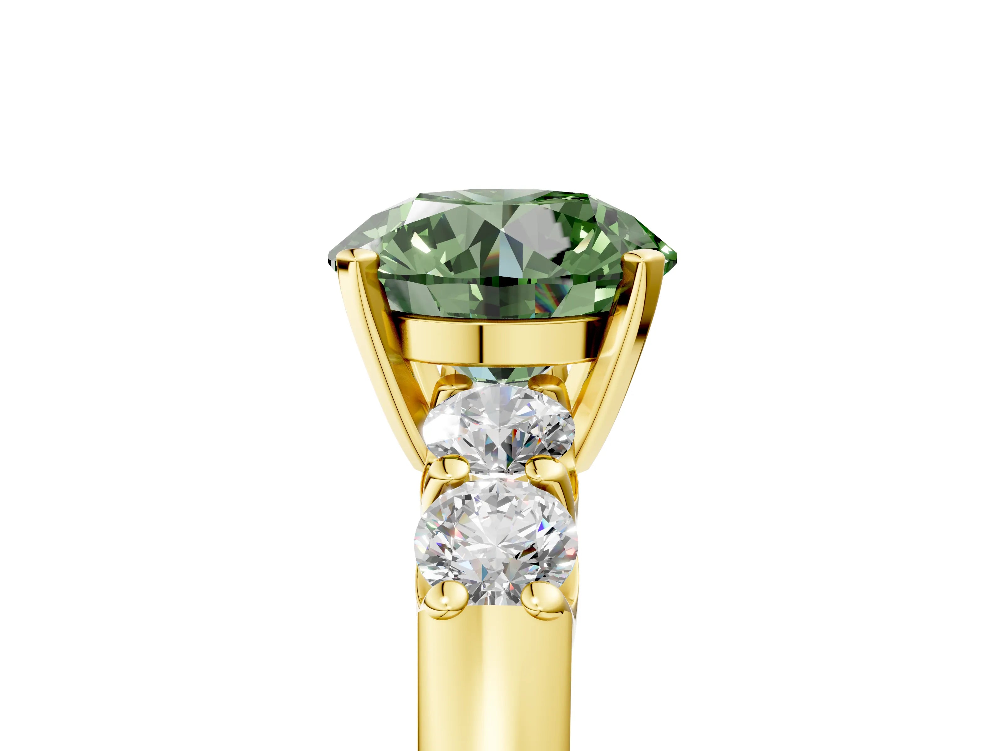 Yellow gold Fancy Green Round Cut Brilliant Diamond Five-Stone Engagement Ring with Prong Setting on a Classic Band_8