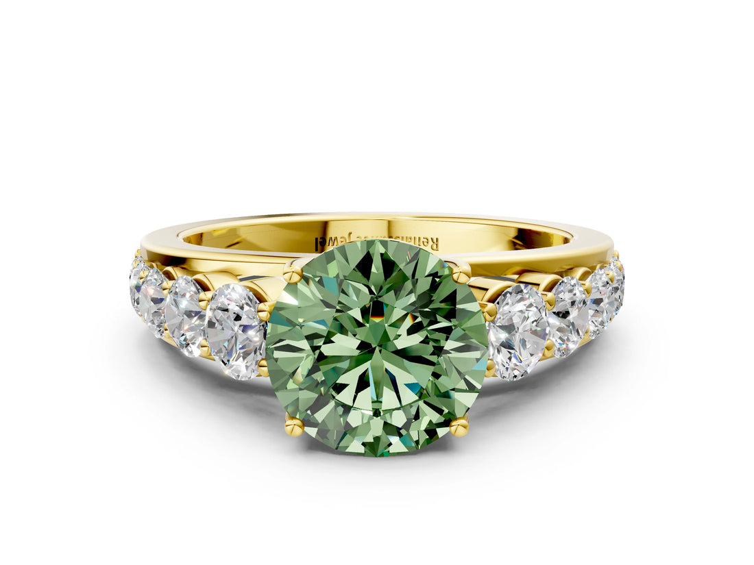 Yellow gold Fancy Green Round Cut Brilliant Diamond Pavé Band with Six-Prong Setting