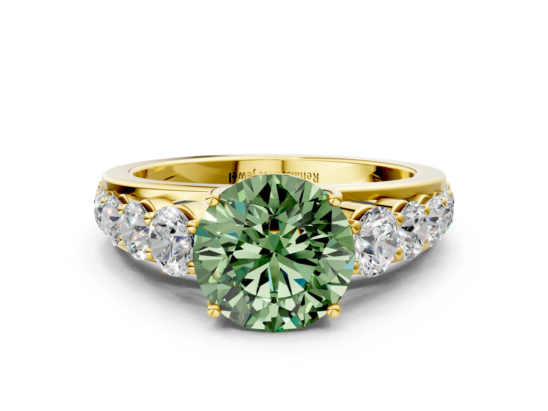 Yellow gold Fancy Green Round Cut Brilliant Diamond Pavé Band with Six-Prong Setting_12