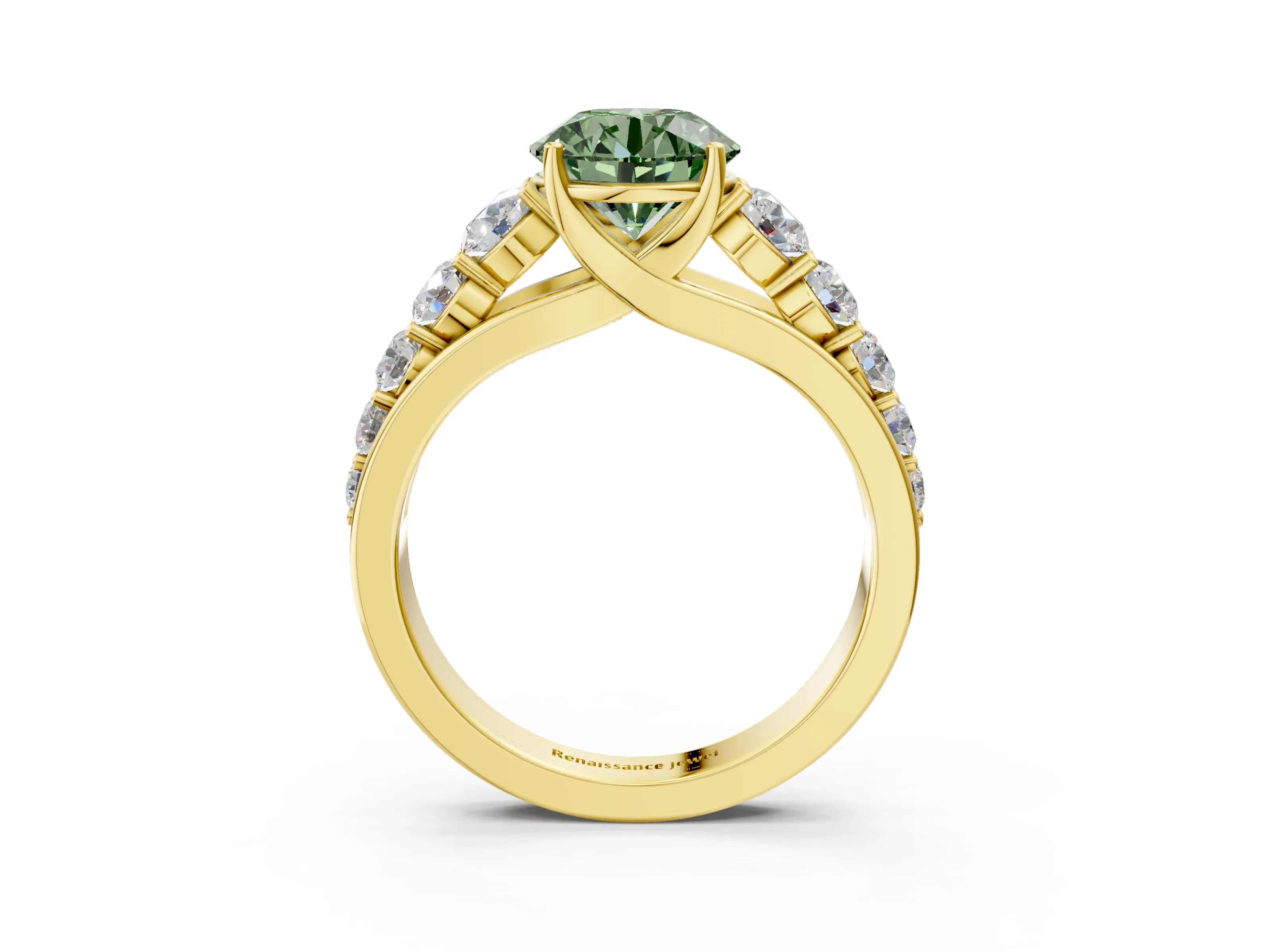 Yellow gold Fancy Green Round Cut Brilliant Diamond Pavé Band with Six-Prong Setting_3