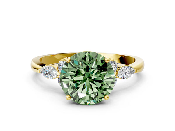 Yellow gold Fancy Green Round Cut Brilliant Diamond Solitaire Ring with Pear Side Stones and Four-Prong Setting