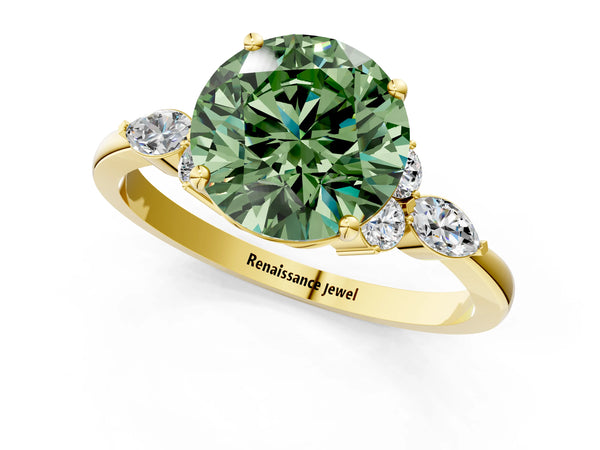 Yellow gold Fancy Green Round Cut Brilliant Diamond Solitaire Ring with Pear Side Stones and Four-Prong Setting