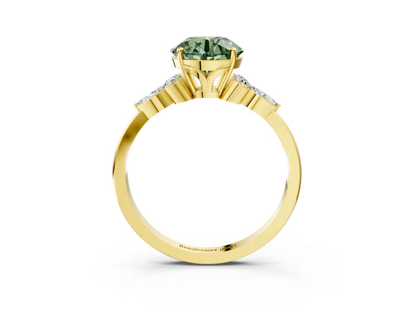 Yellow gold Fancy Green Round Cut Brilliant Diamond Solitaire Ring with Pear Side Stones and Four-Prong Setting
