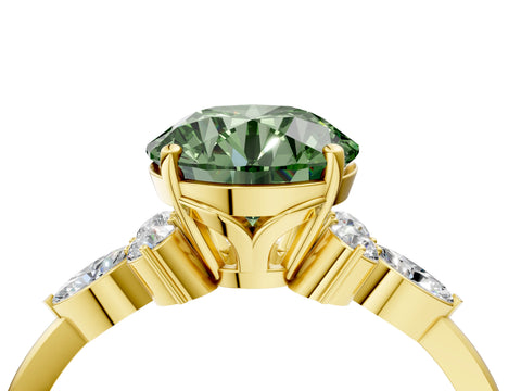 Yellow gold Fancy Green Round Cut Brilliant Diamond Solitaire Ring with Pear Side Stones and Four-Prong Setting_7