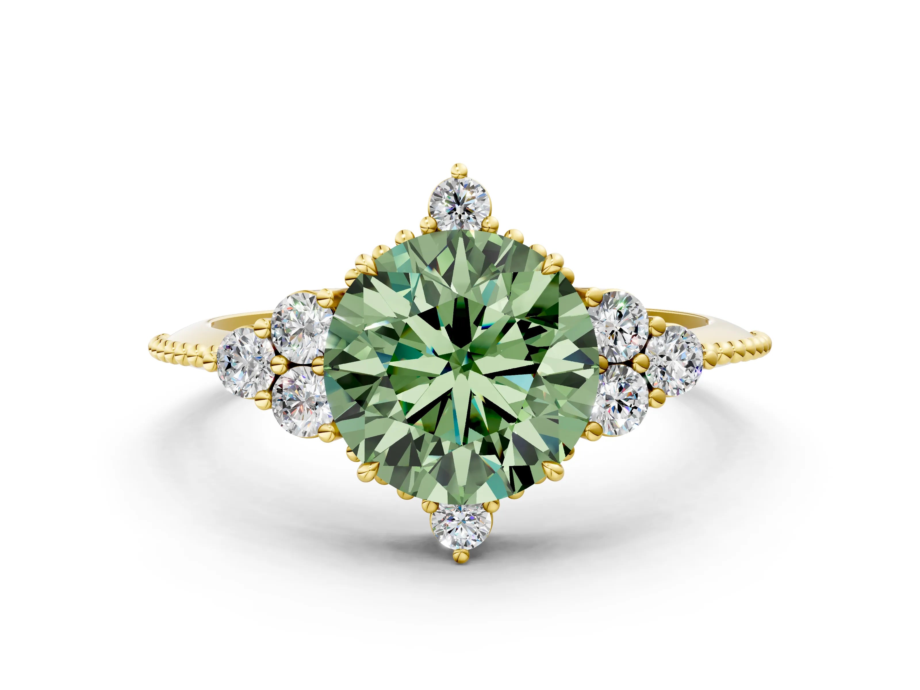 Yellow gold Fancy Green Round Cut Brilliant Diamond with Cluster Setting on a Beaded Band and Four-Prong Setting