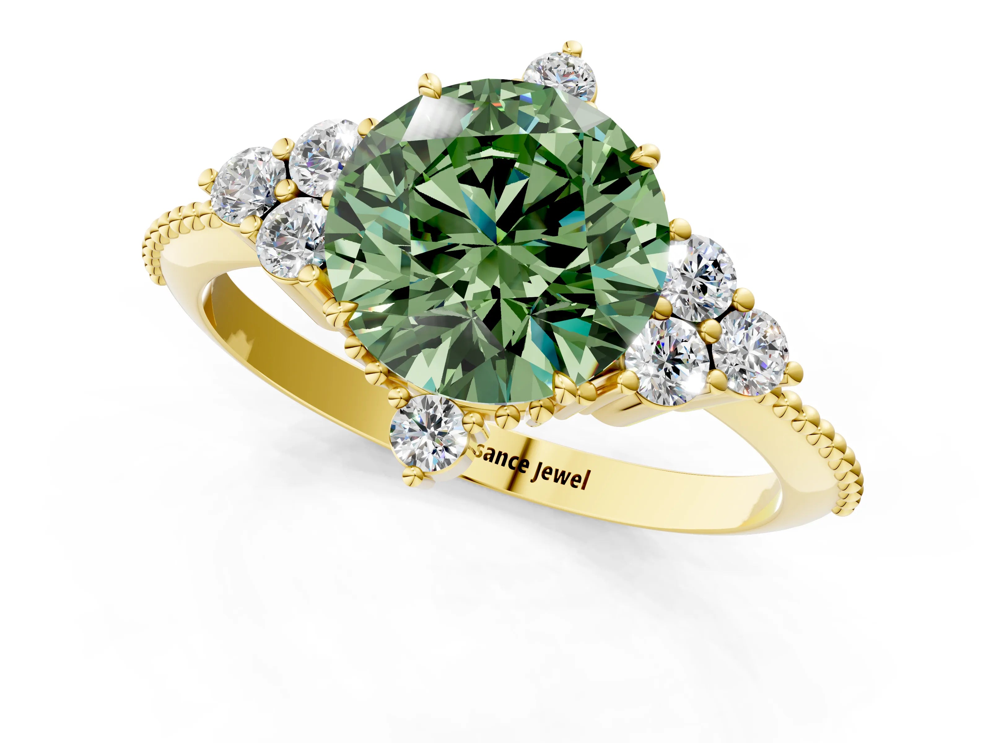 Yellow gold Fancy Green Round Cut Brilliant Diamond with Cluster Setting on a Beaded Band and Four-Prong Setting_1