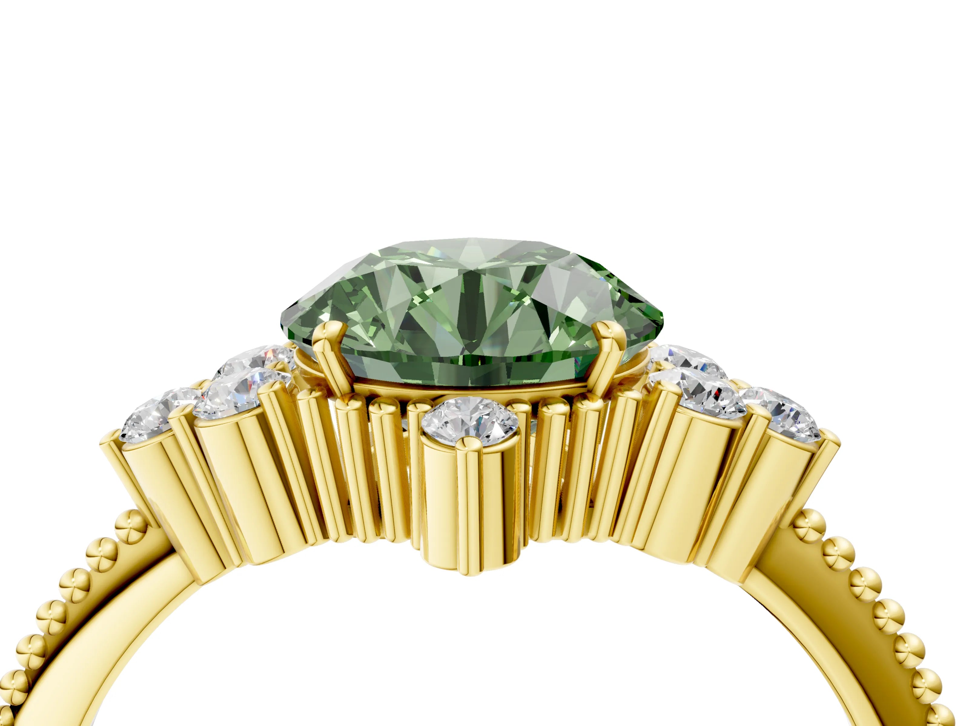 Yellow gold Fancy Green Round Cut Brilliant Diamond with Cluster Setting on a Beaded Band and Four-Prong Setting_4