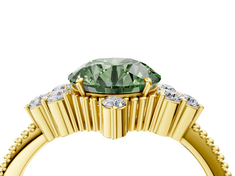 Yellow gold Fancy Green Round Cut Brilliant Diamond with Cluster Setting on a Beaded Band and Four-Prong Setting_4