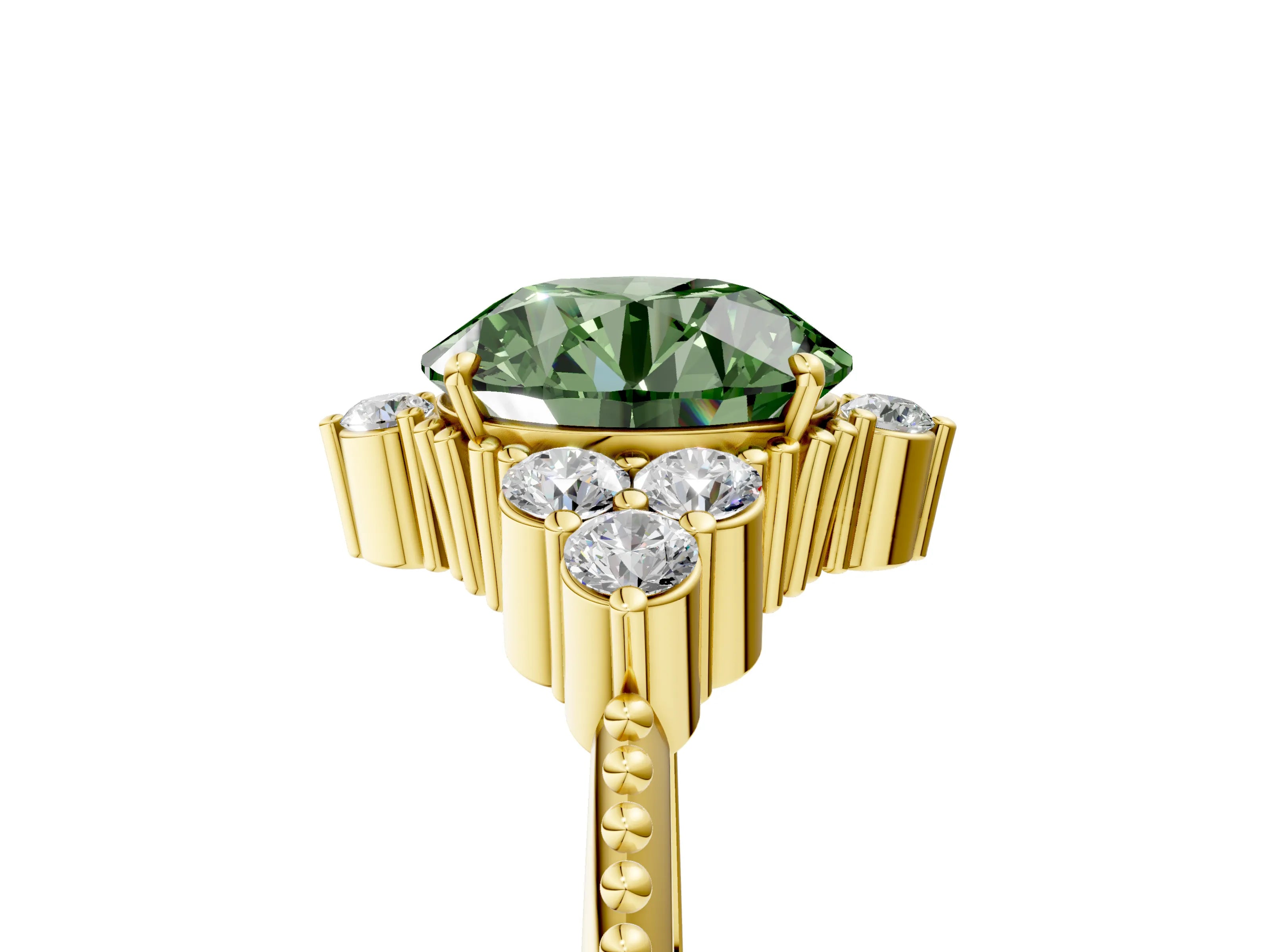 Yellow gold Fancy Green Round Cut Brilliant Diamond with Cluster Setting on a Beaded Band and Four-Prong Setting_5