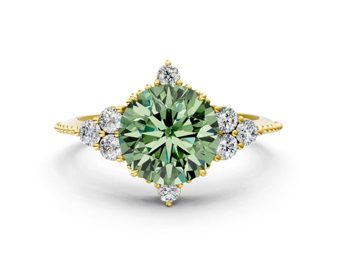 Yellow gold Fancy Green Round Cut Brilliant Diamond with Cluster Setting on a Beaded Band and Four-Prong Setting