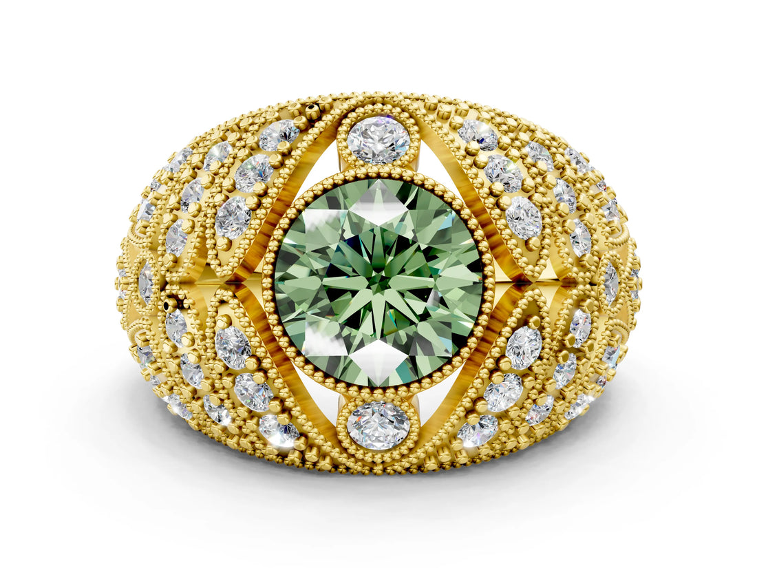 Yellow gold Fancy Green Round Cut Brilliant Halo Pave Diamond Milgrain Ring