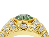 Yellow gold Fancy Green Round Cut Brilliant Halo Pave Diamond Milgrain Ring_4