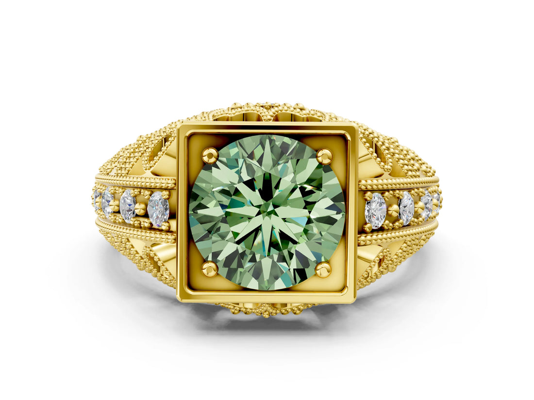 Yellow gold Fancy Green Round Cut Brilliant Milgrain Filigree Diamond Ring with Square Prong Setting