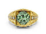 Yellow gold Fancy Green Round Cut Brilliant Milgrain Filigree Diamond Ring with Square Prong Setting
