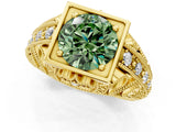 Yellow gold Fancy Green Round Cut Brilliant Milgrain Filigree Diamond Ring with Square Prong Setting_1