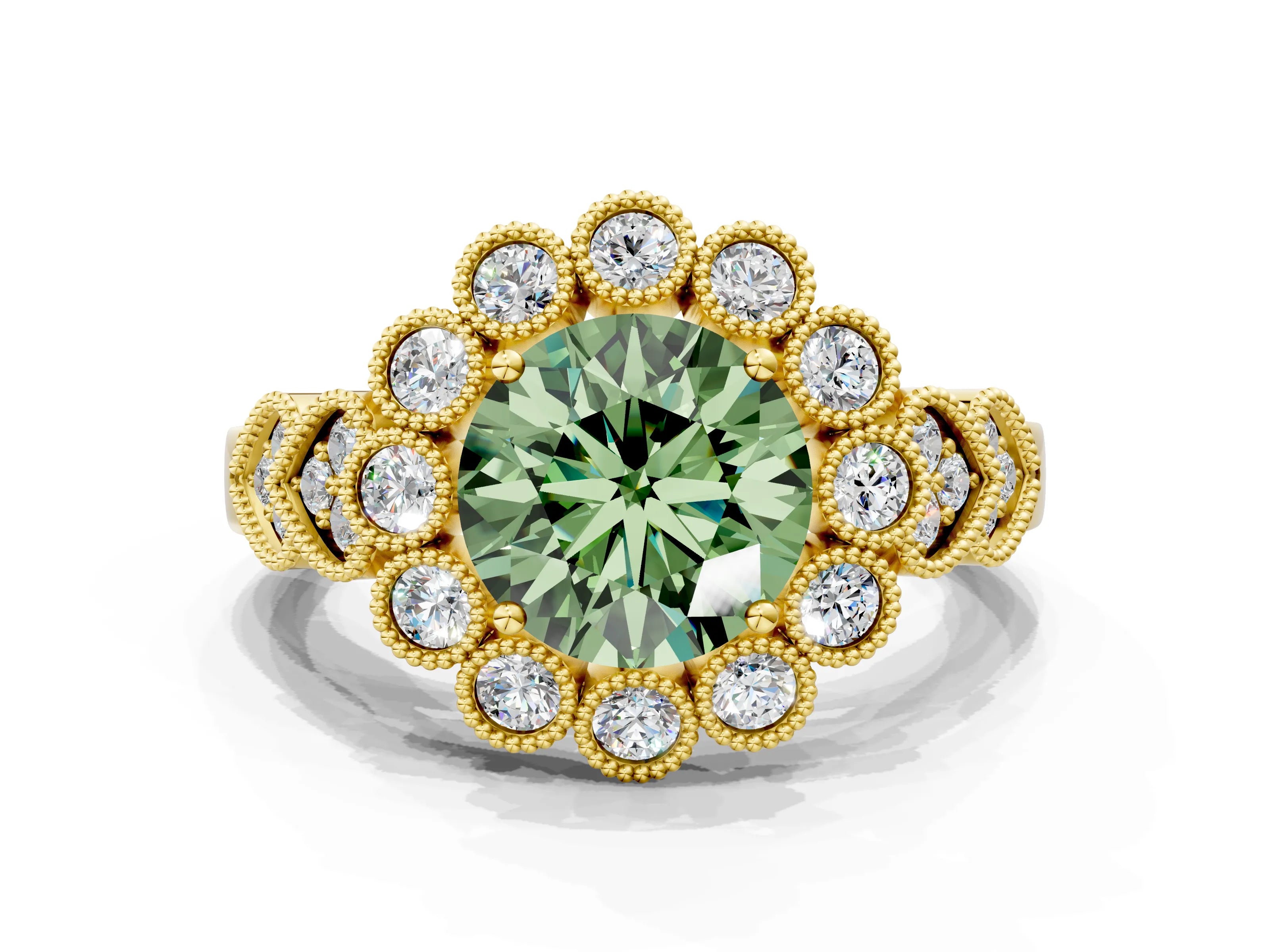 Yellow gold Fancy Green Round Cut Brilliant Milgrain Pave Heart Band Solitaire Ring