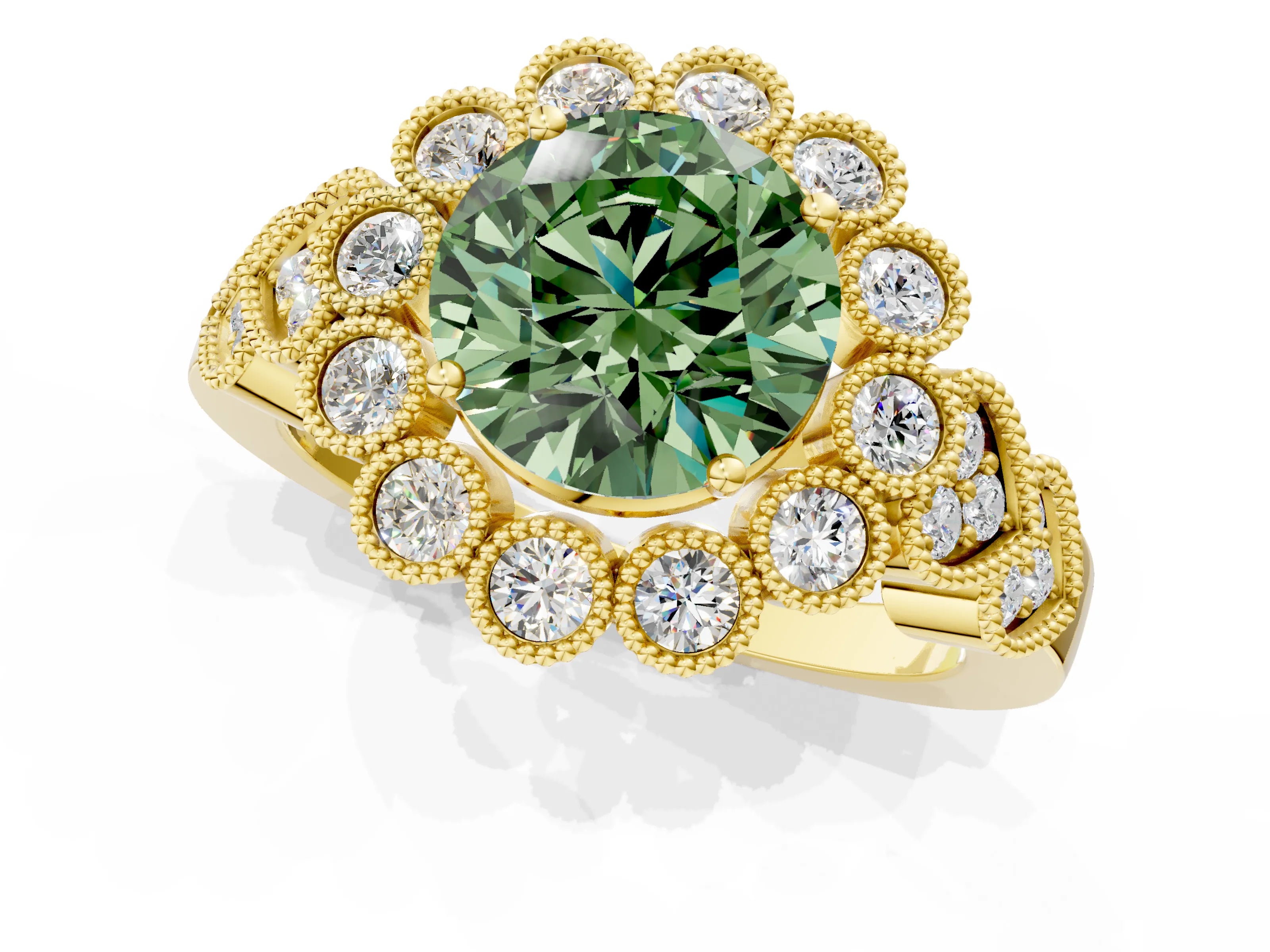 Yellow gold Fancy Green Round Cut Brilliant Milgrain Pave Heart Band Solitaire Ring_1