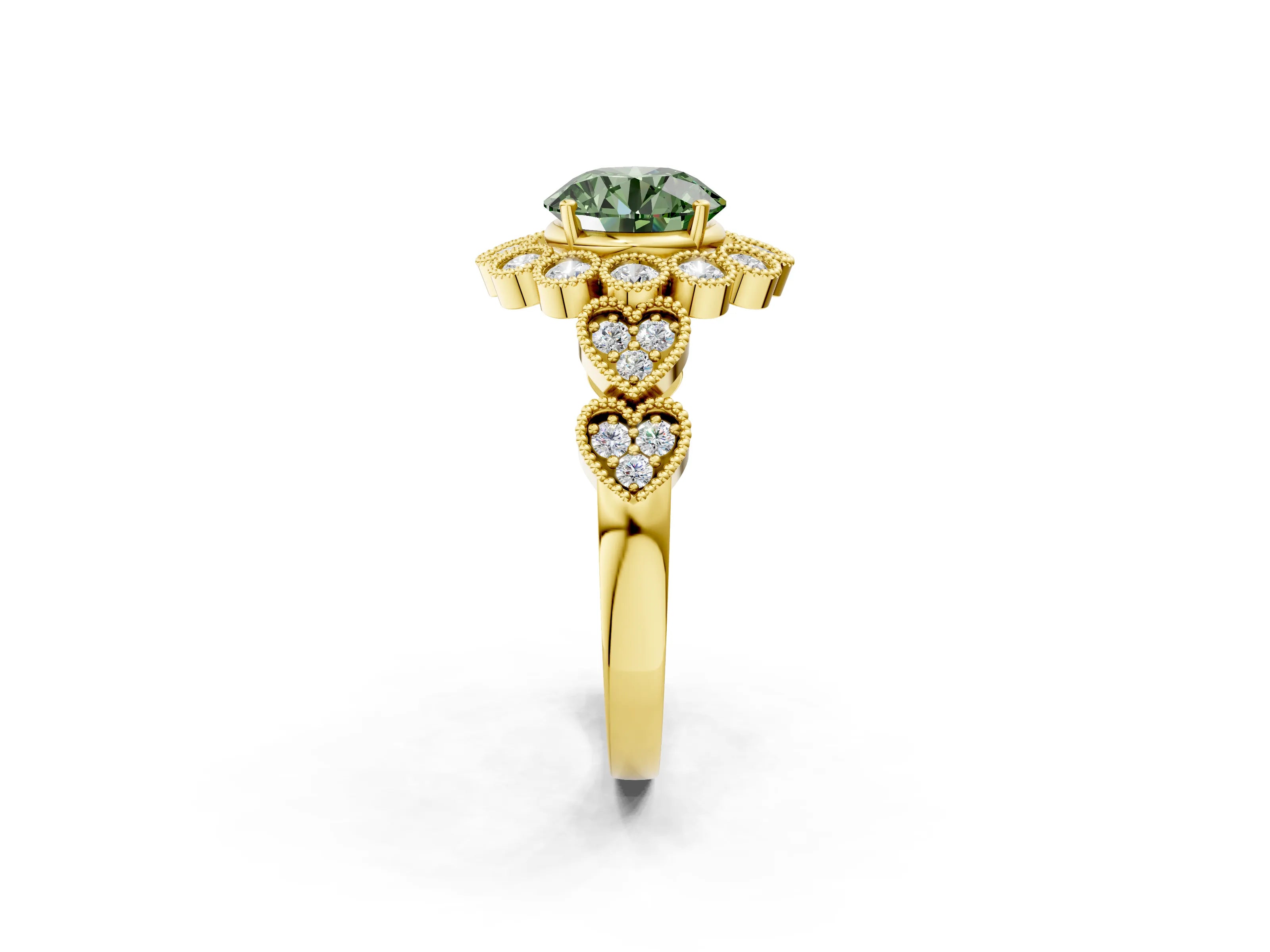 Yellow gold Fancy Green Round Cut Brilliant Milgrain Pave Heart Band Solitaire Ring_2
