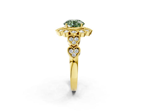 Yellow gold Fancy Green Round Cut Brilliant Milgrain Pave Heart Band Solitaire Ring_2