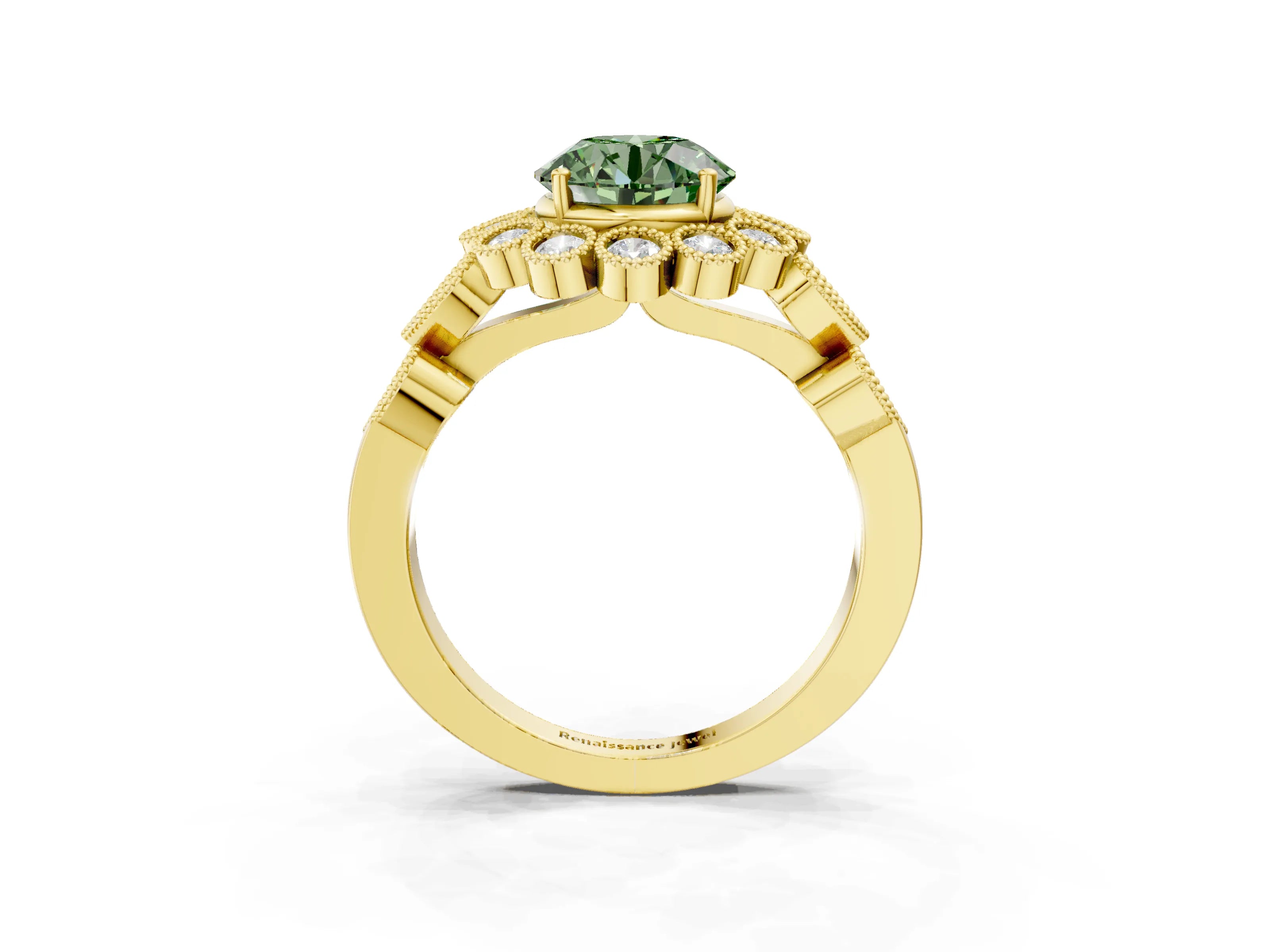 Yellow gold Fancy Green Round Cut Brilliant Milgrain Pave Heart Band Solitaire Ring_3