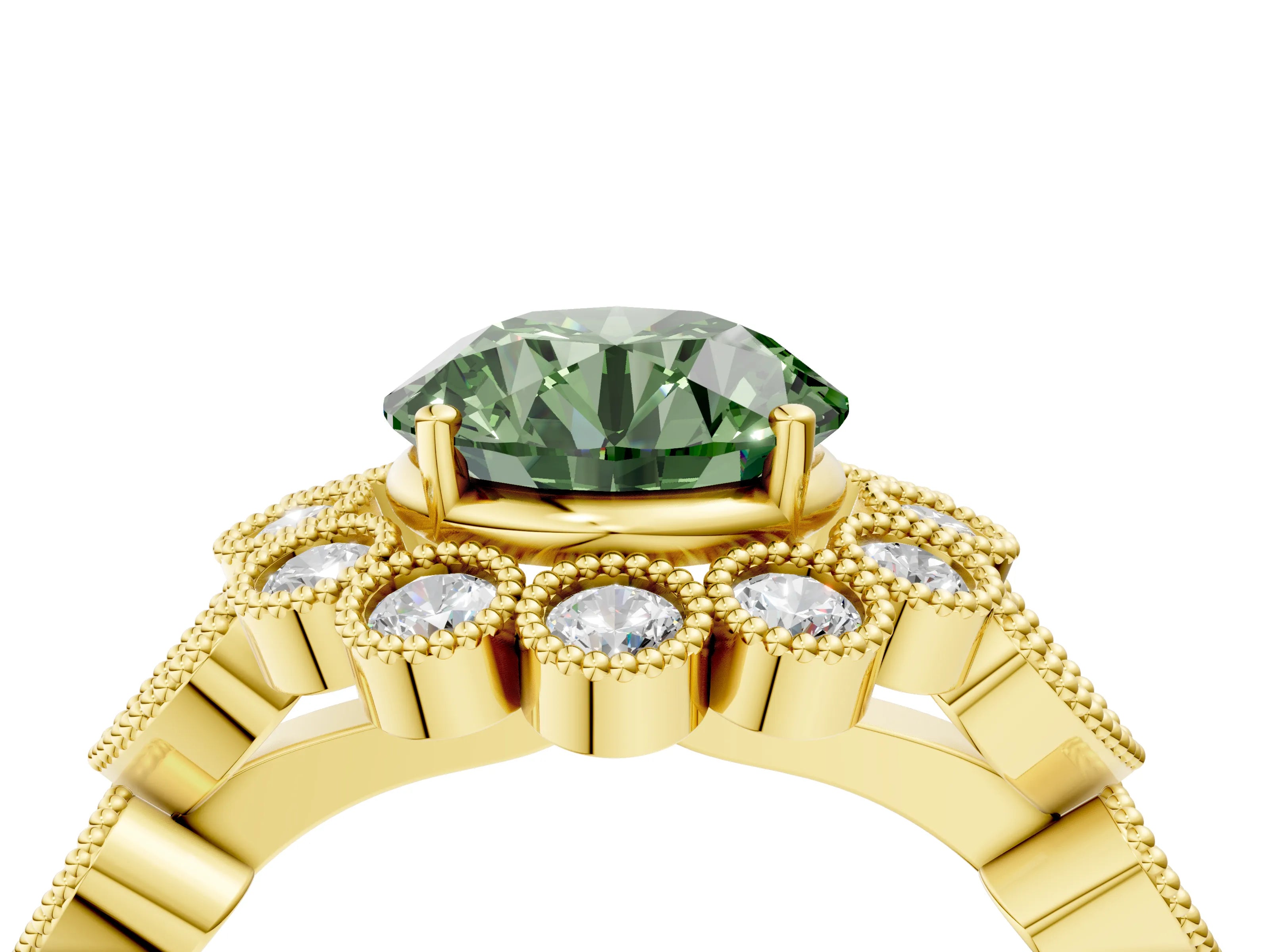 Yellow gold Fancy Green Round Cut Brilliant Milgrain Pave Heart Band Solitaire Ring_4