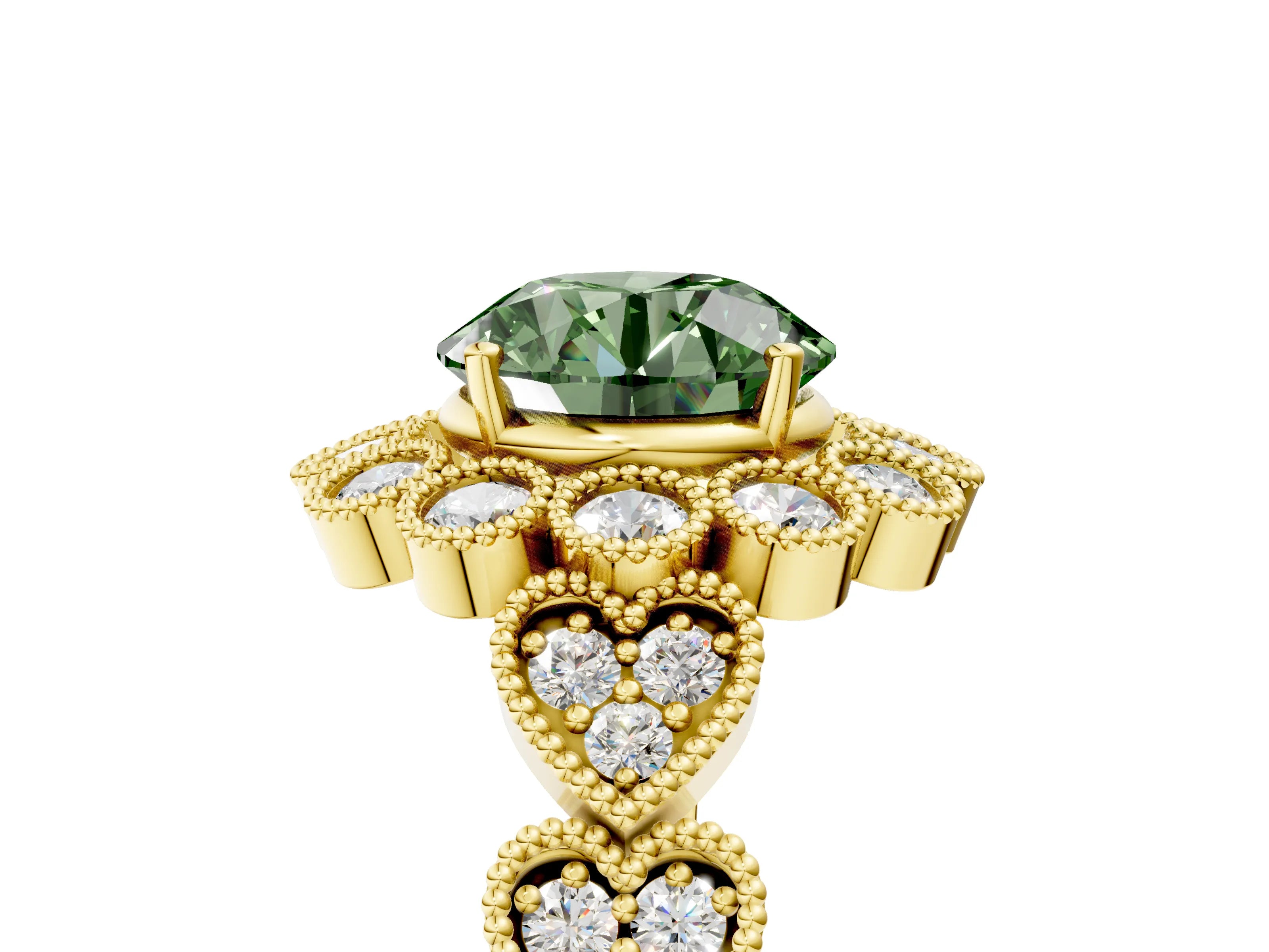 Yellow gold Fancy Green Round Cut Brilliant Milgrain Pave Heart Band Solitaire Ring_5