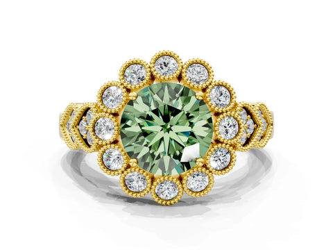 Yellow gold Fancy Green Round Cut Brilliant Milgrain Pave Heart Band Solitaire Ring