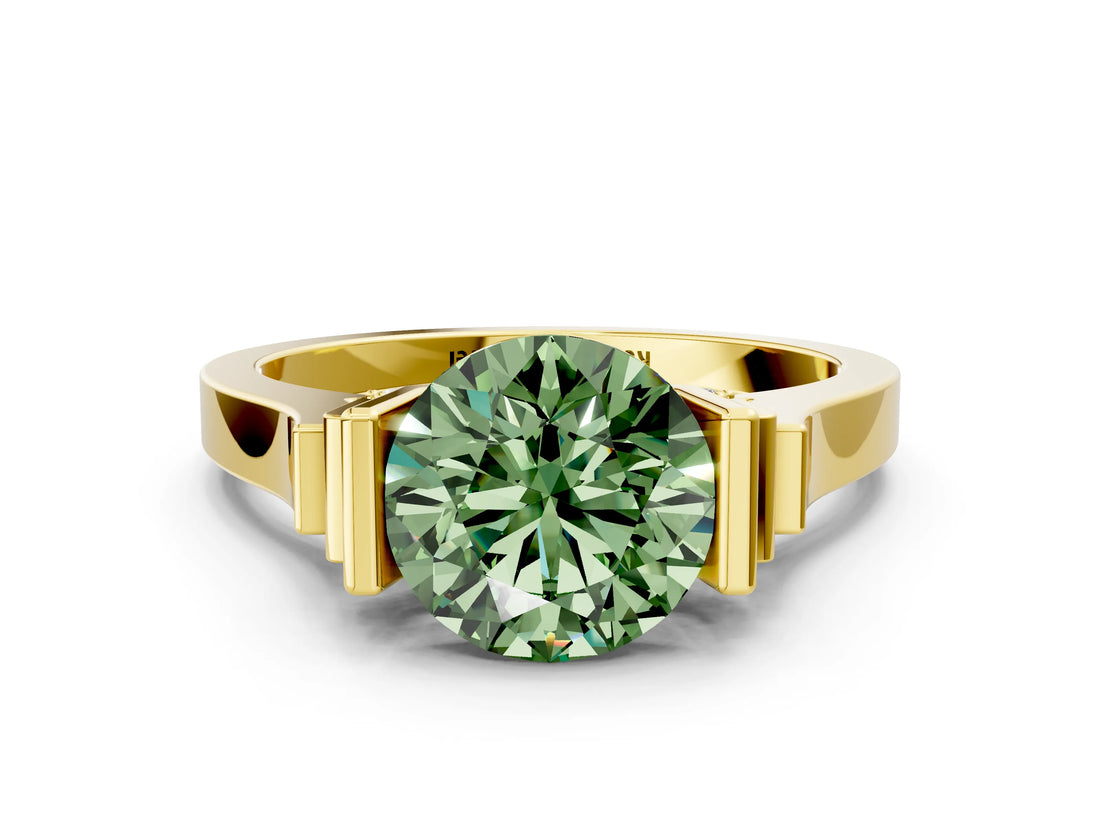 Yellow gold Fancy Green Round Cut Brilliant Solitaire Diamond Ring with Channel Set Band and Bar Prong Setting