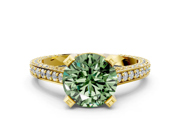 Yellow gold Fancy Green Round Cut Brilliant Split Shank Pave Solitaire Ring with Four-Prong Setting
