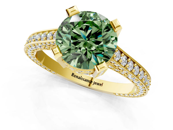 Yellow gold Fancy Green Round Cut Brilliant Split Shank Pave Solitaire Ring with Four-Prong Setting