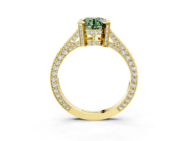 Yellow gold Fancy Green Round Cut Brilliant Split Shank Pave Solitaire Ring with Four-Prong Setting