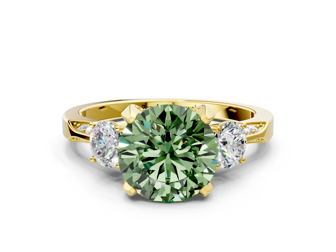 Yellow gold Fancy Green Round Cut Brilliant Three-Stone Diamond Ring with Pavé Band and Four-Prong Setting_3